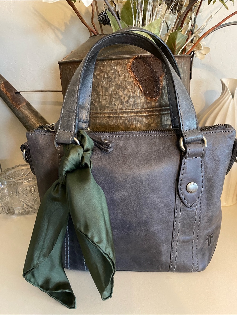 BNWNT Frye Mini Melissa Distressed Gray Leather Crossbody w/ adjustable strap